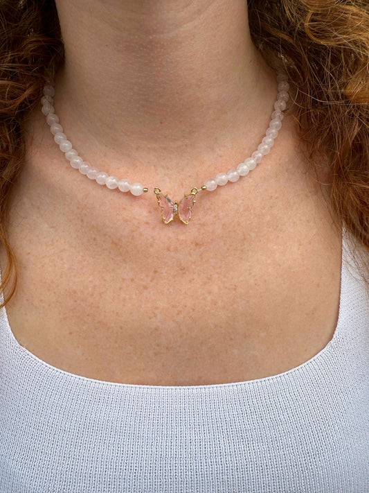 COLLIER PAPILLON QUARTZ ROSE